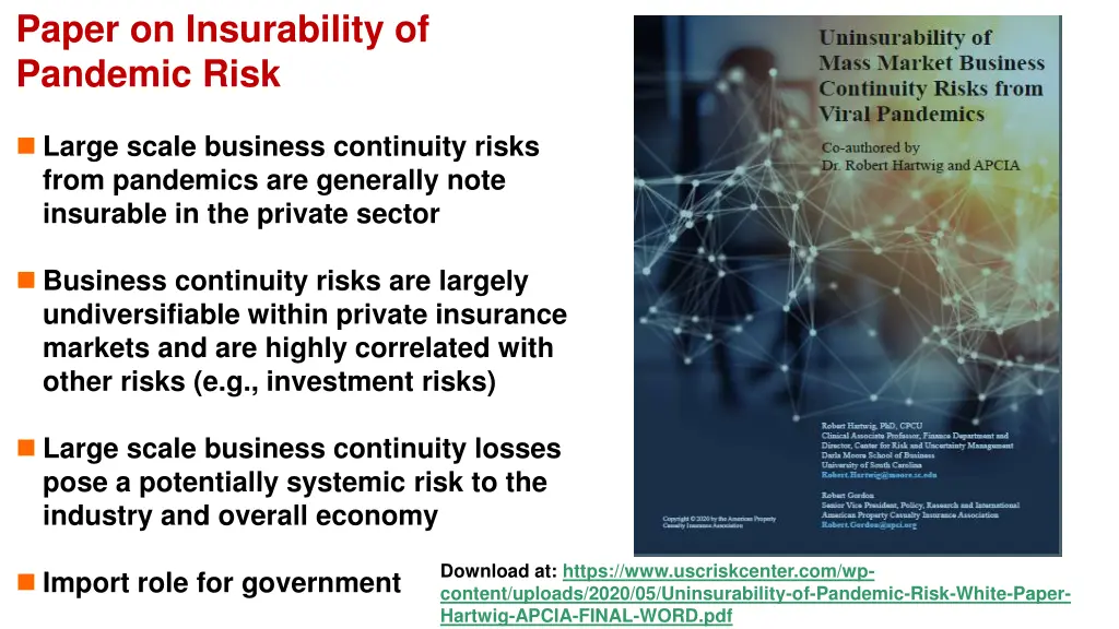 paper on insurability of pandemic risk