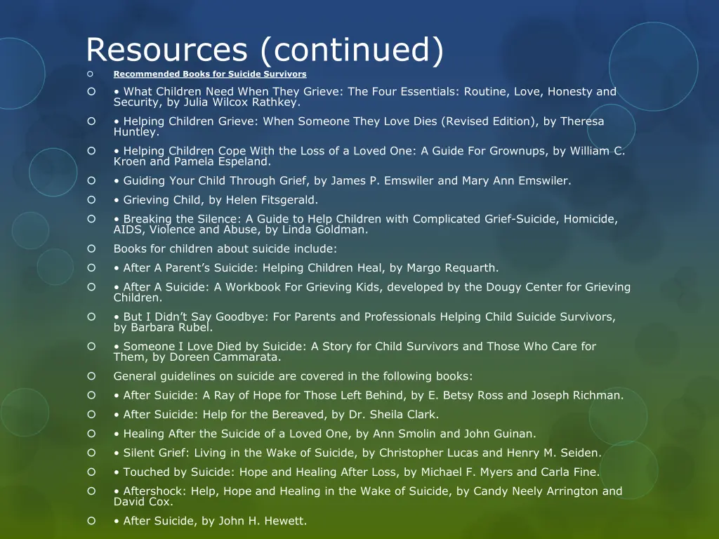 resources continued recommended books for suicide
