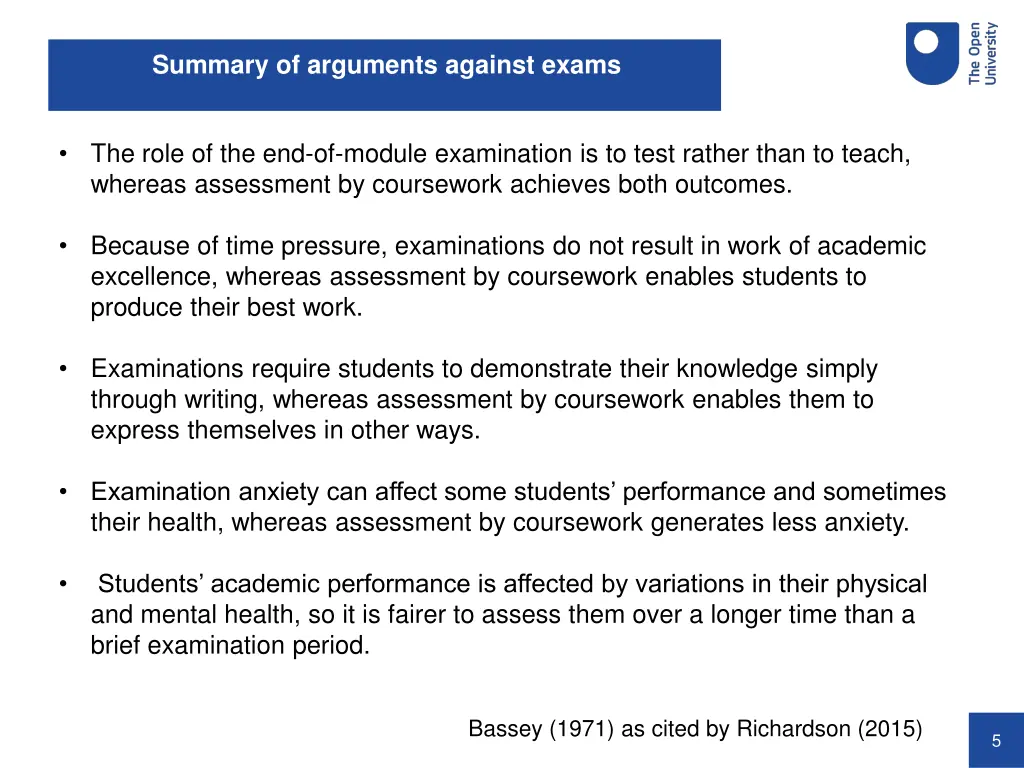 summary of arguments against exams