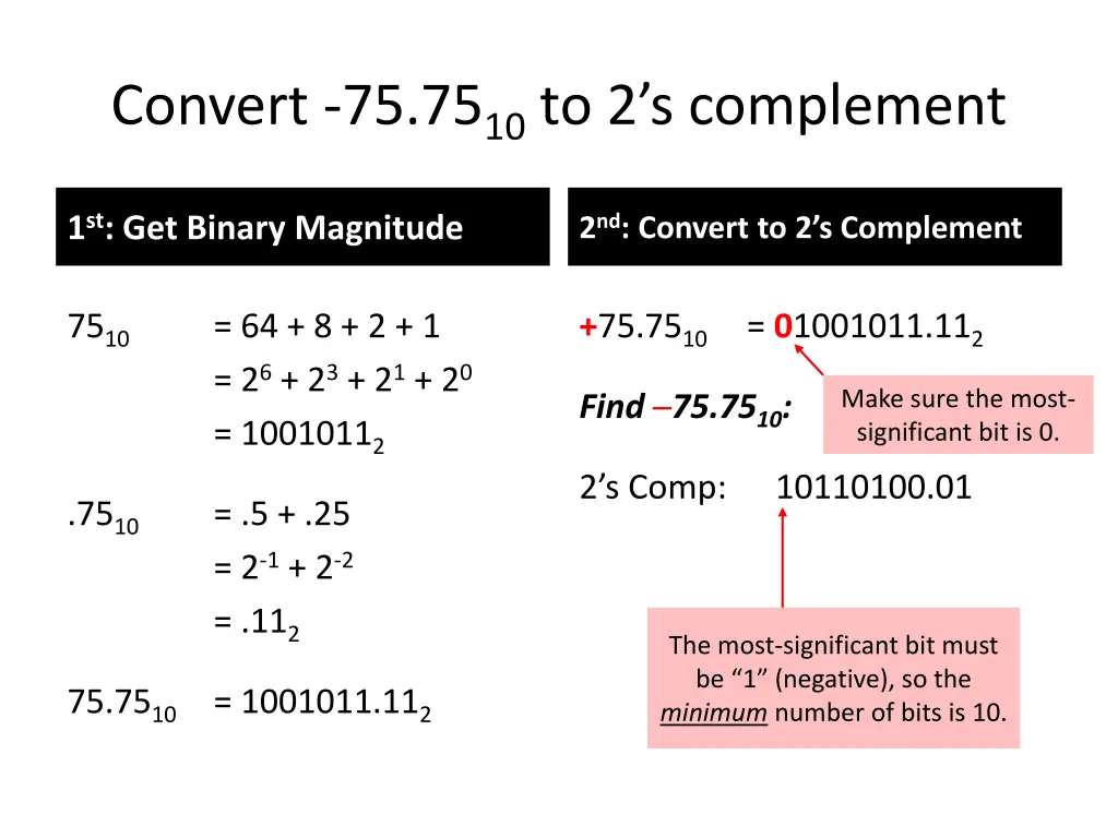 convert 75 75 10 to 2 s complement