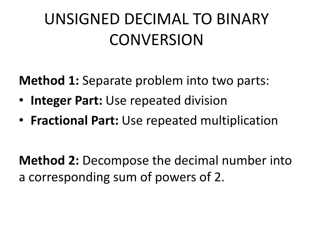 unsigned decimal to binary conversion
