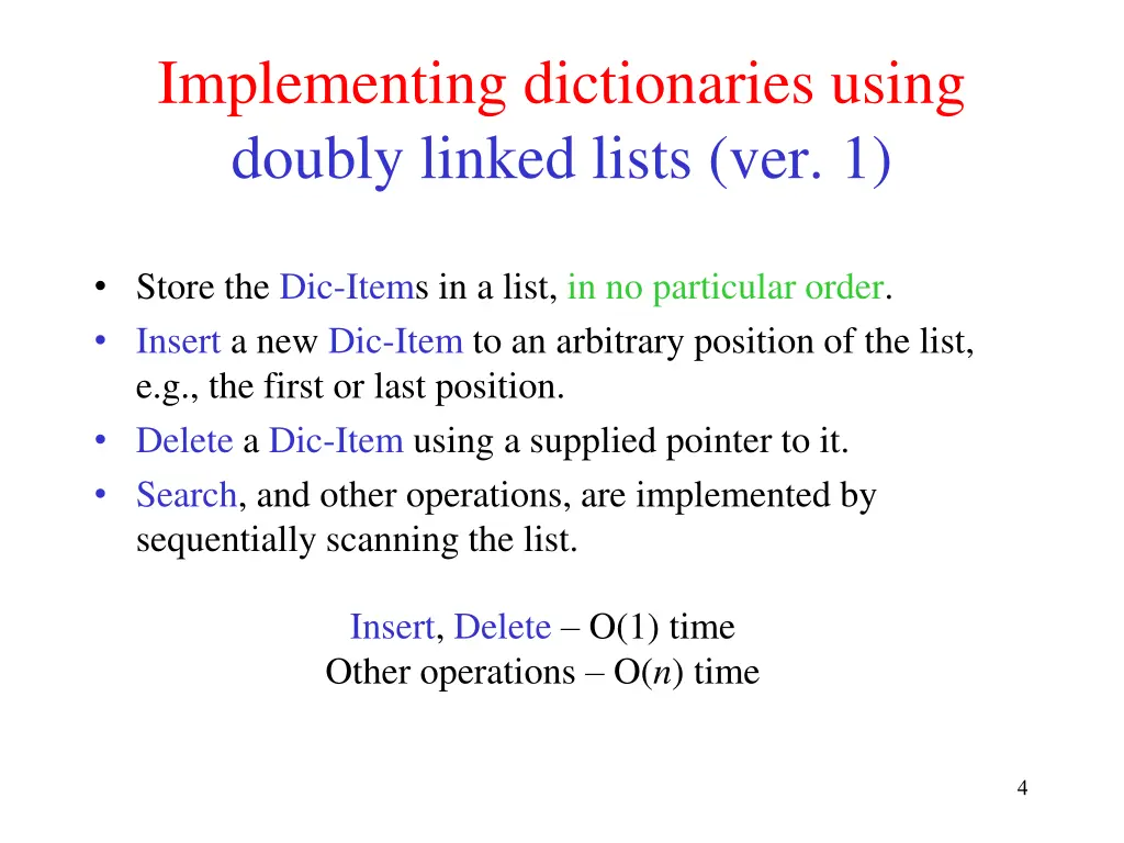 implementing dictionaries using doubly linked