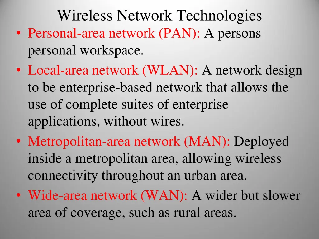 wireless network technologies personal area