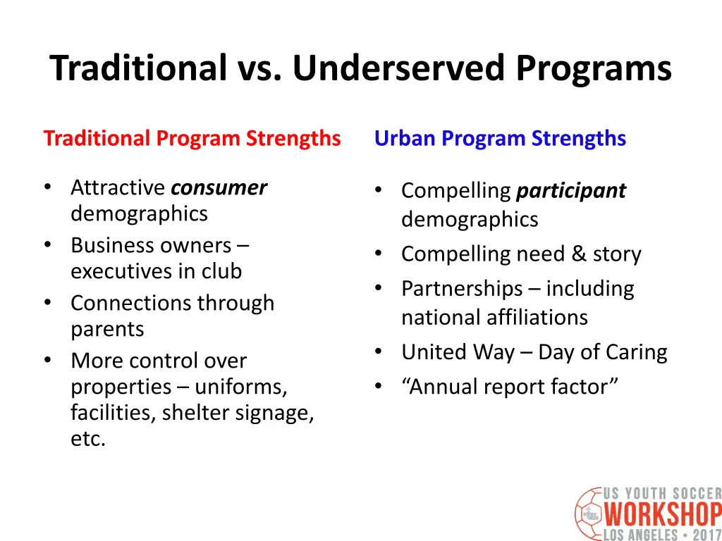 traditional vs underserved programs