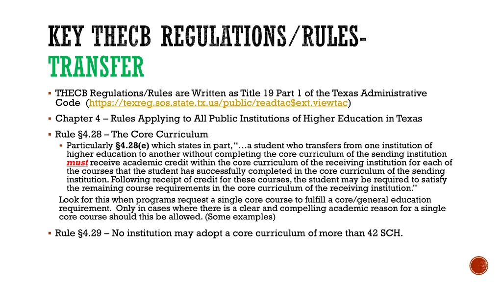 key thecb regulations rules transfer thecb