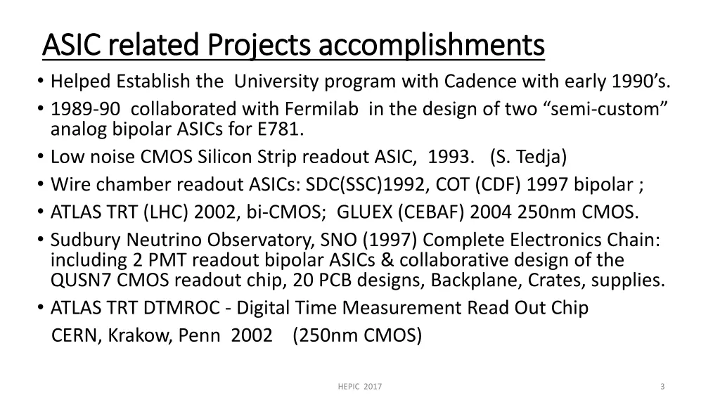 asic related projects accomplishments asic