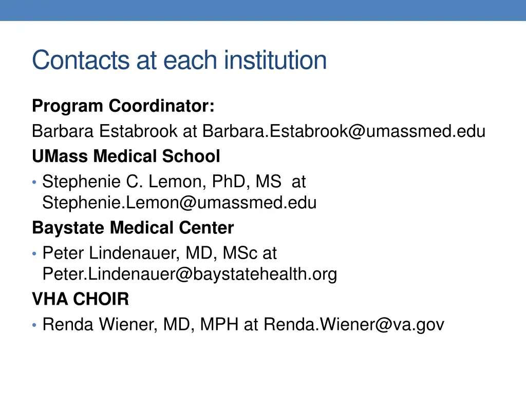 contacts at each institution