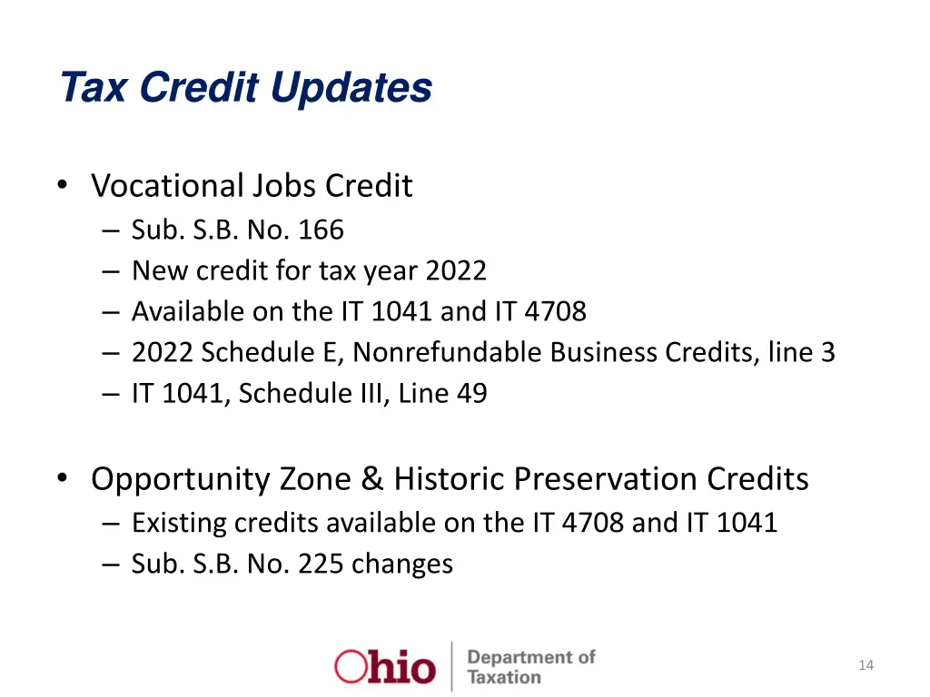tax credit updates