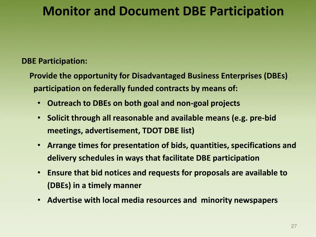 monitor and document dbe participation