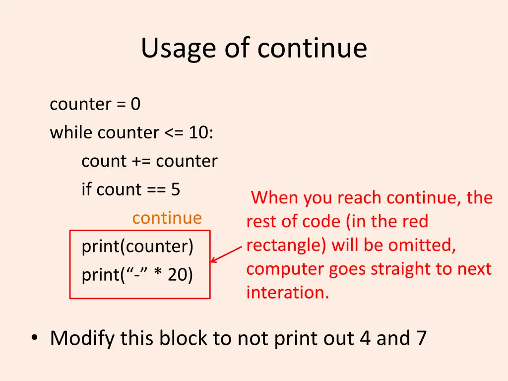 usage of continue