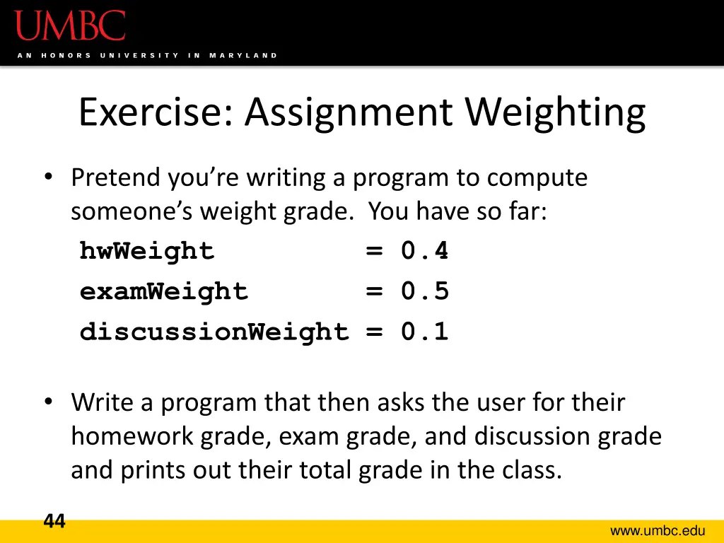 exercise assignment weighting