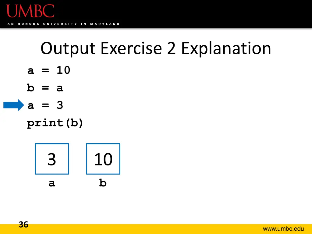 output exercise 2 explanation a 10 b a a 3 print b 2