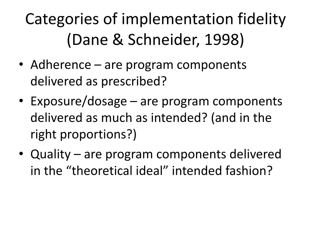 categories of implementation fidelity dane