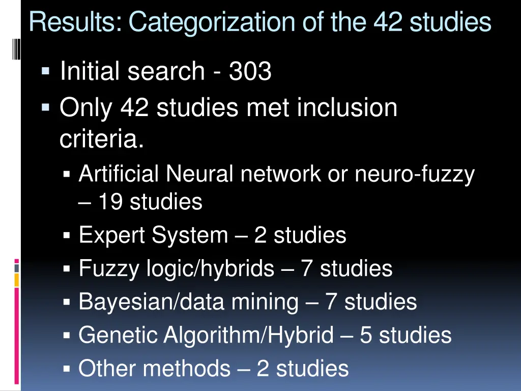 results categorization of the 42 studies