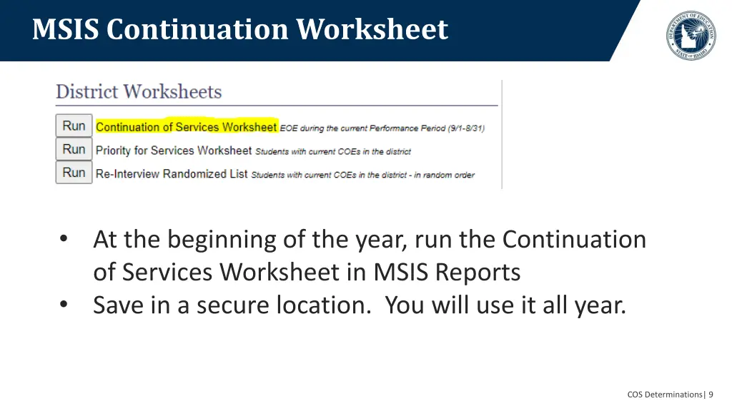 msis continuation worksheet