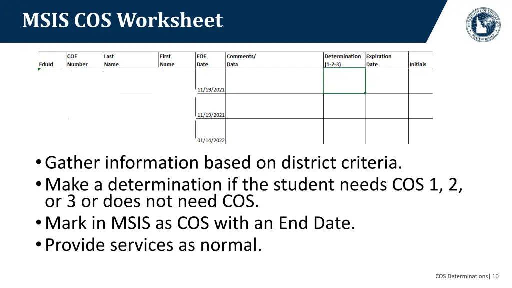 msis cos worksheet