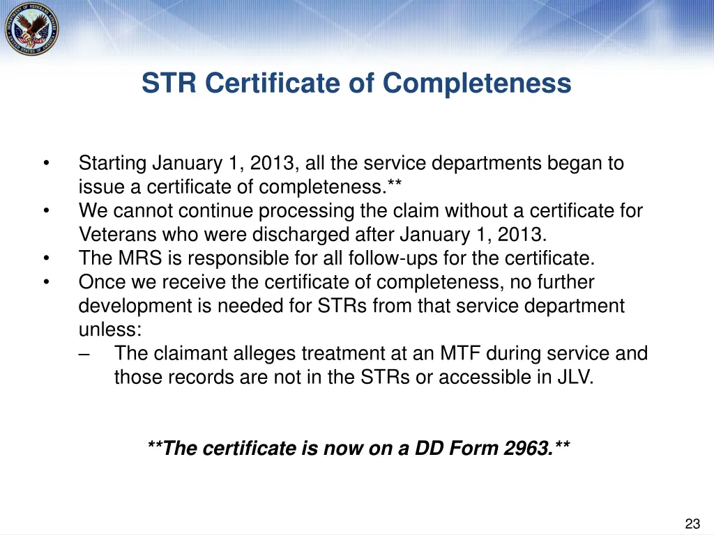 str certificate of completeness