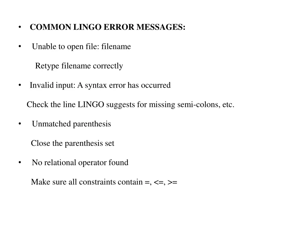 common lingo error messages