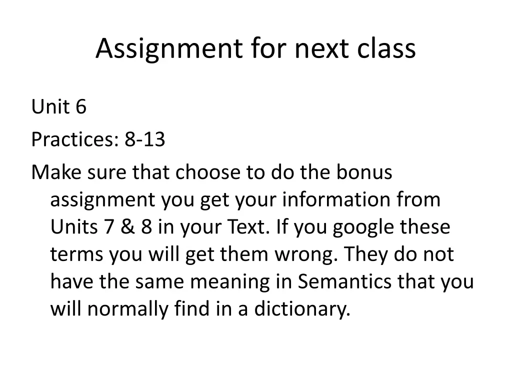 assignment for next class