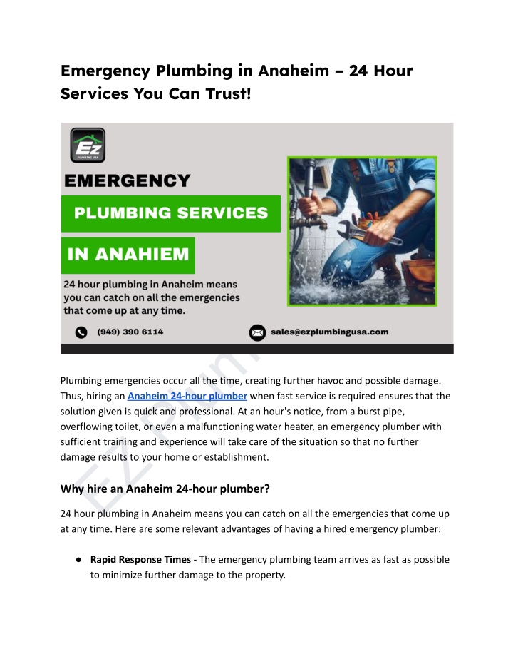 emergency plumbing in anaheim 24 hour services
