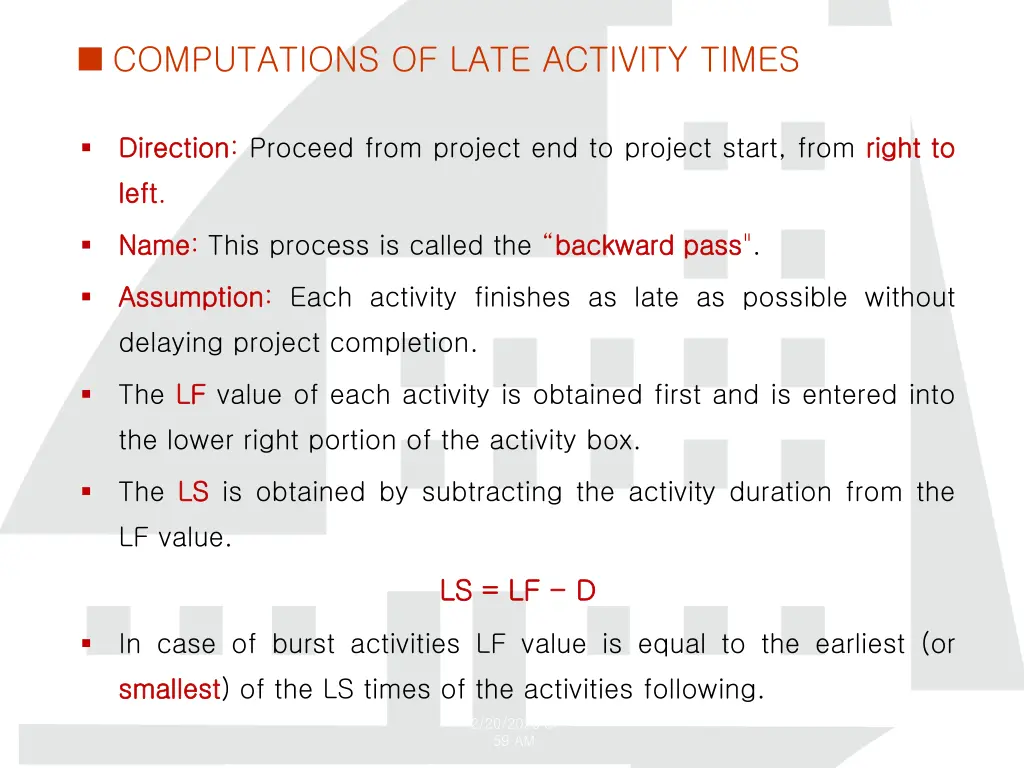 computations of late activity times