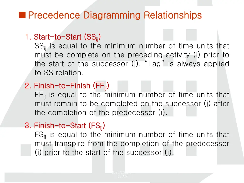precedence diagramming relationships precedence