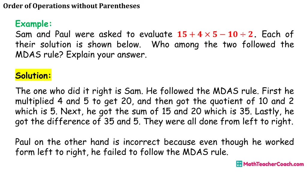 order of operations without parentheses 21