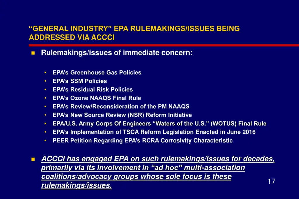 general industry epa rulemakings issues being