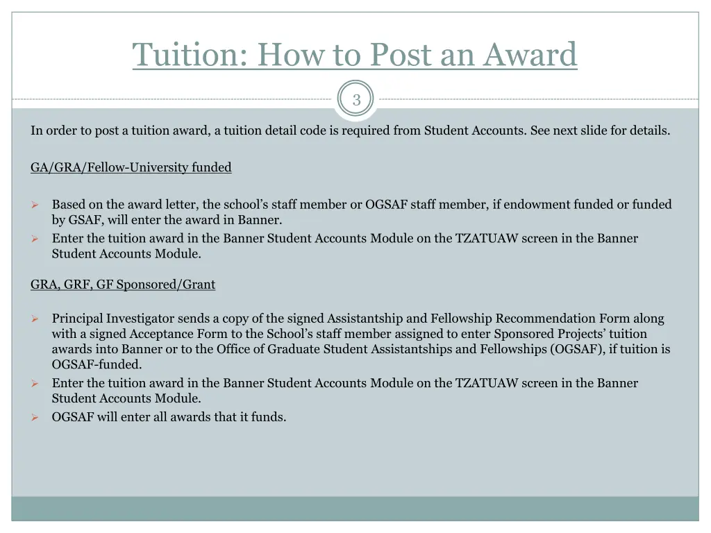 tuition how to post an award