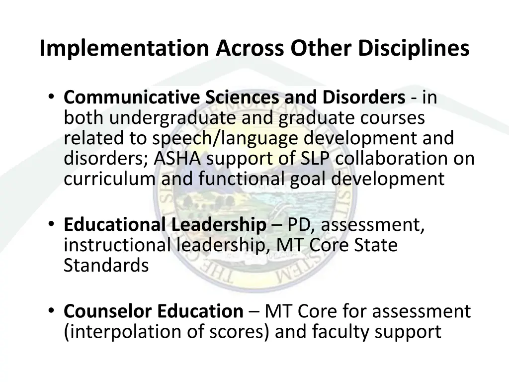 implementation across other disciplines