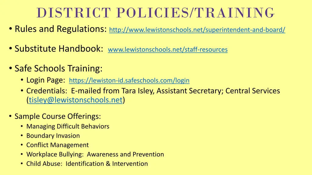 district policies training rules and regulations