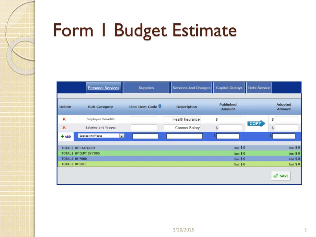 form 1 budget estimate
