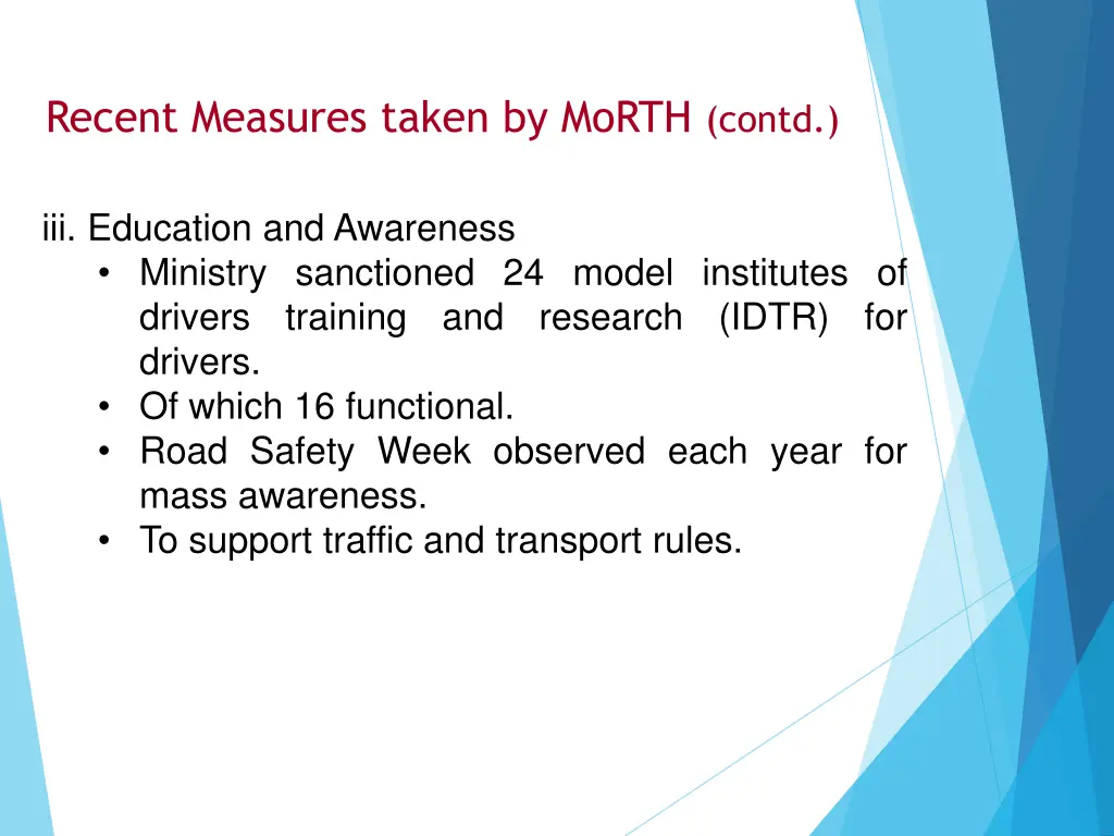 recent measures taken by morth contd 1