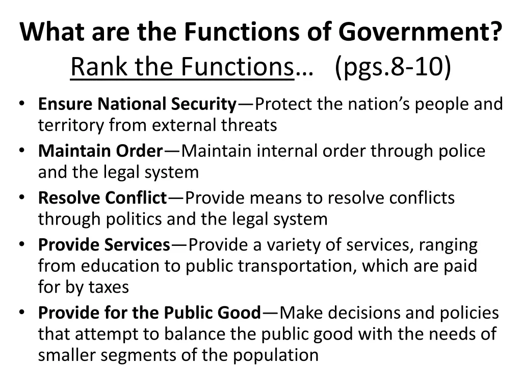 what are the functions of government rank