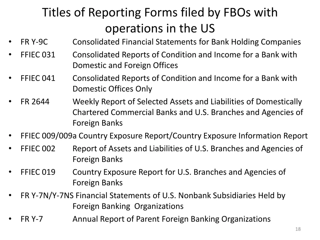 titles of reporting forms filed by fbos with