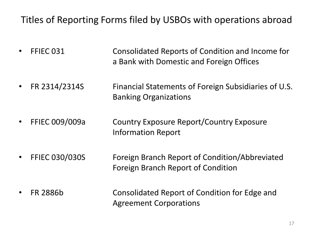 titles of reporting forms filed by usbos with