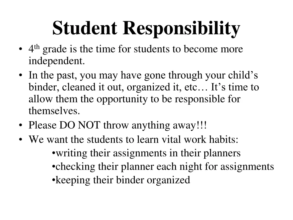 student responsibility 4 th grade is the time