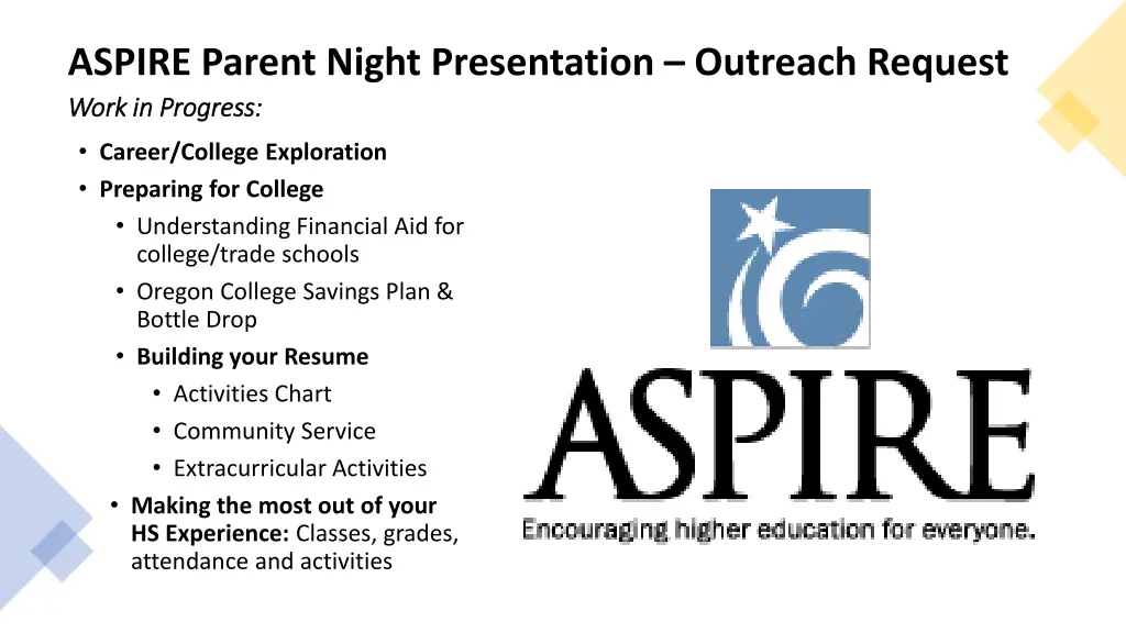 aspire parent night presentation outreach request