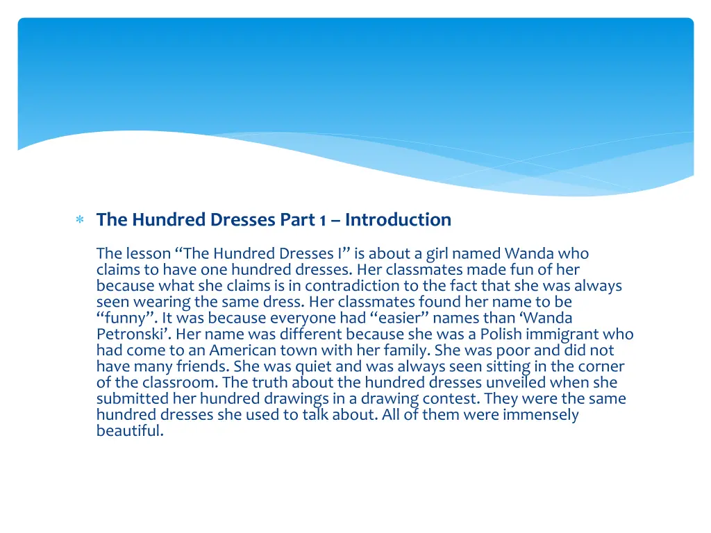 the hundred dresses part 1 introduction