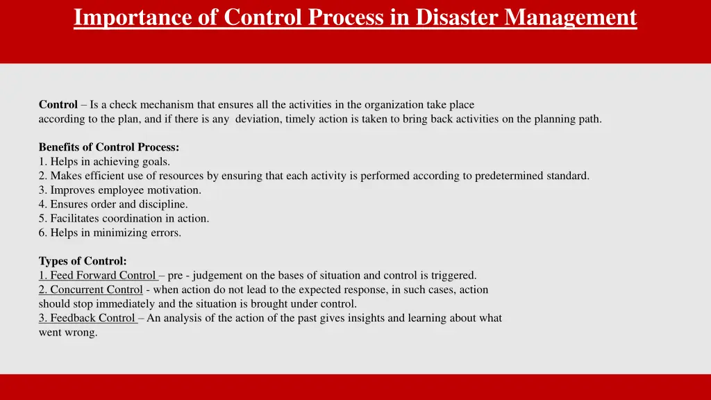 importance of control process in disaster