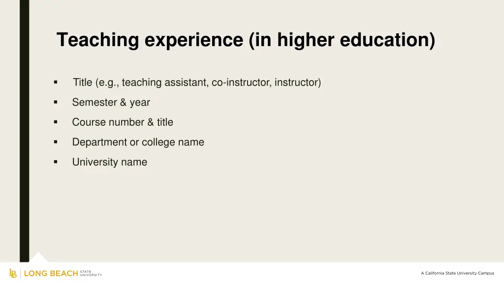 teaching experience in higher education