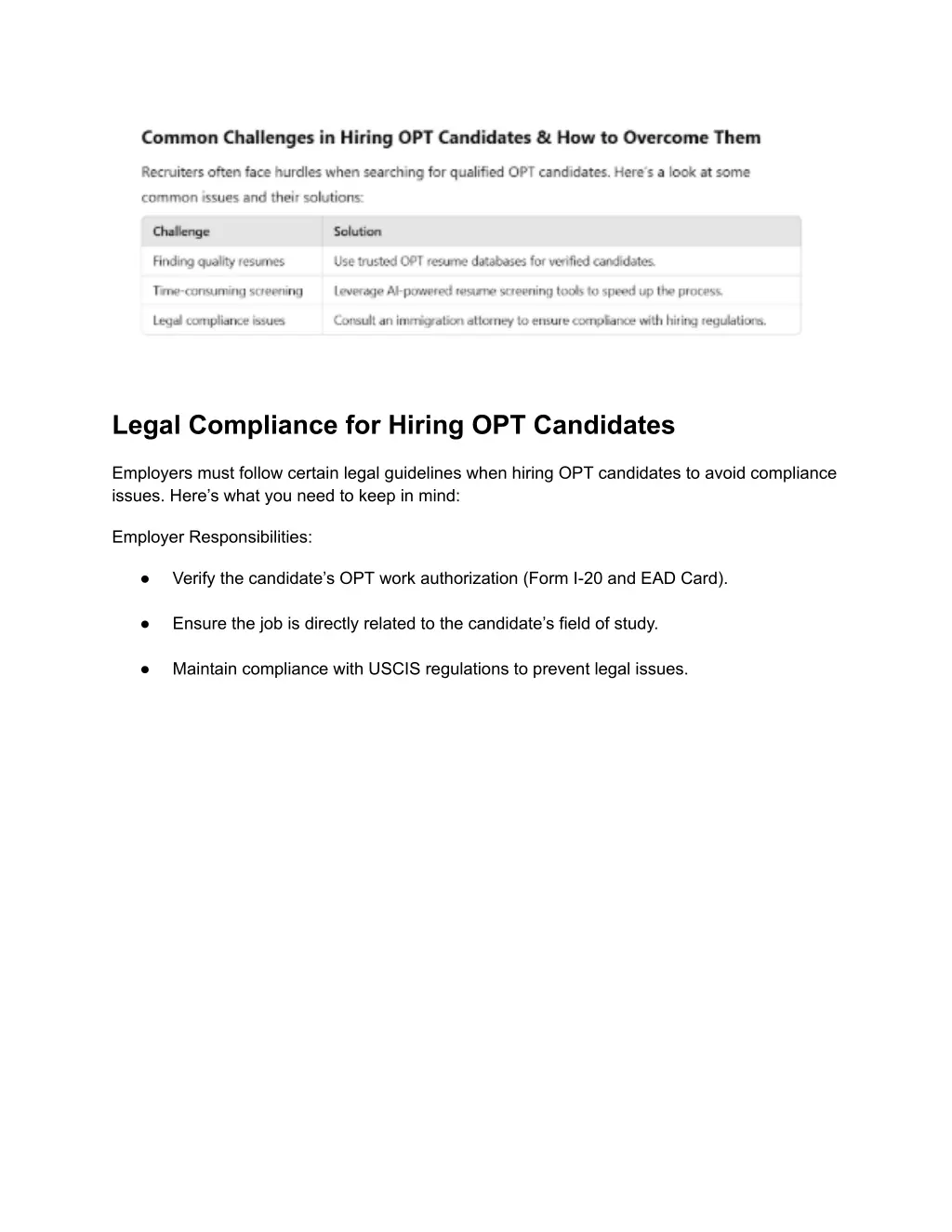 legal compliance for hiring opt candidates