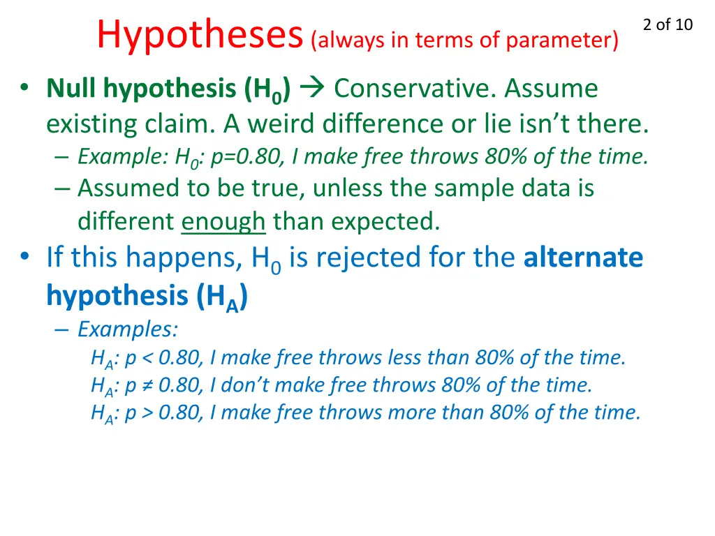 hypotheses always in terms of parameter null