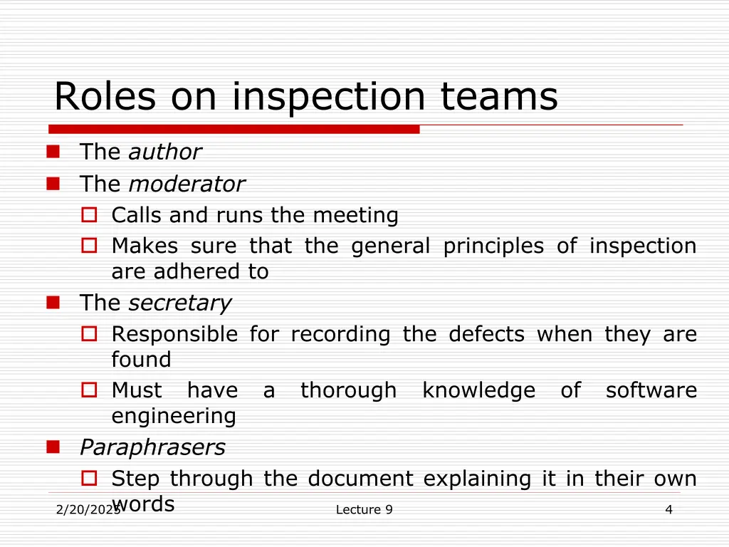 roles on inspection teams