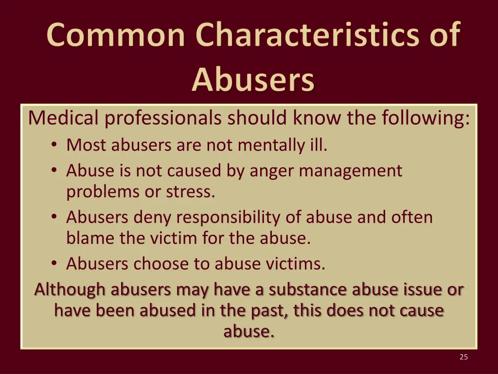 common characteristics of abusers medical