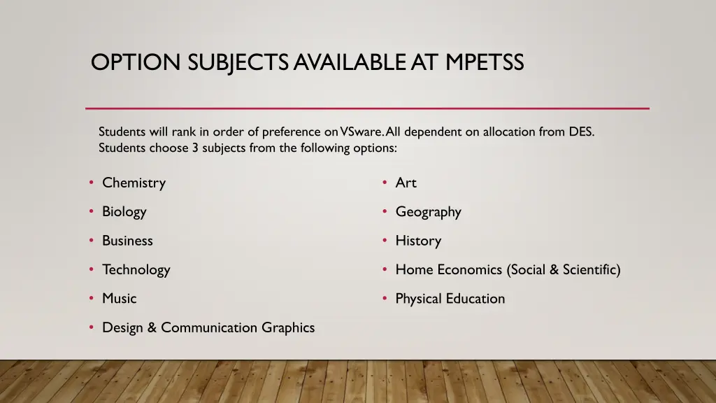 option subjects available at mpetss