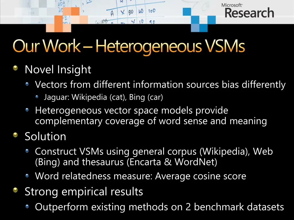 ourwork heterogeneous vsms novel insight vectors