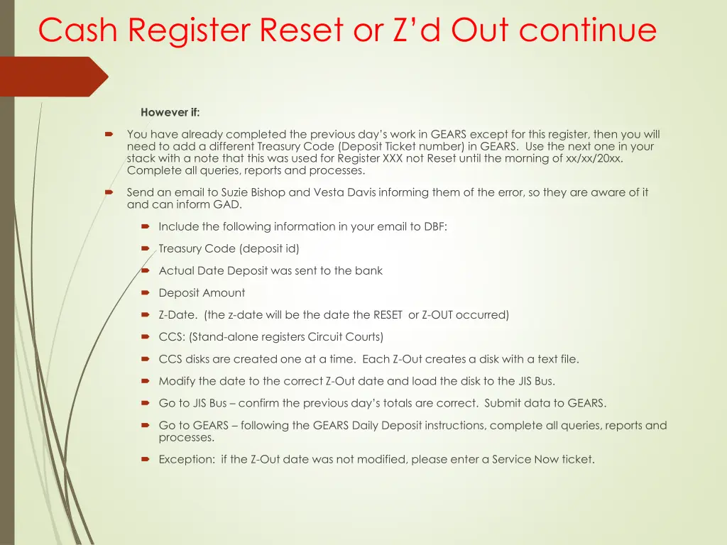 cash register reset or z d out continue