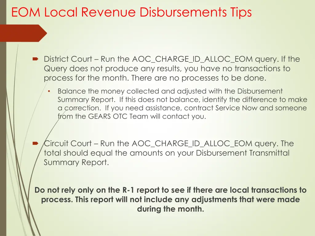 eom local revenue disbursements tips