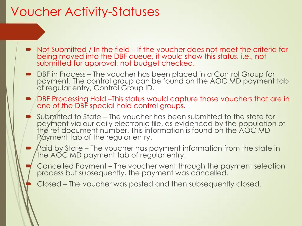 voucher activity statuses